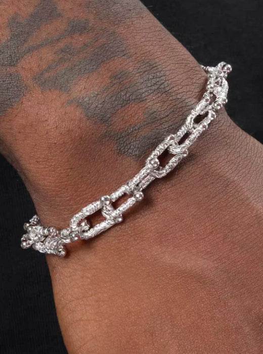 S925 sterling silver textured U-shaped bracelet men's hip-hop versatile plain chain bracelet adjustable - MOWTE