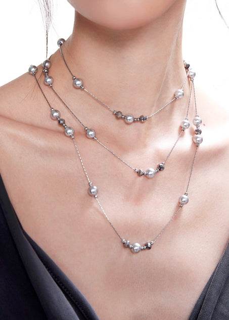 Silver gray pearl starry sky necklace with long necklace design - MOWTE