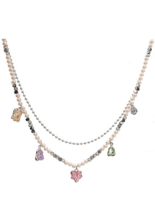 Rainbow zircon sweet cool pearl collarbone chain pearl necklace for women - MOWTE