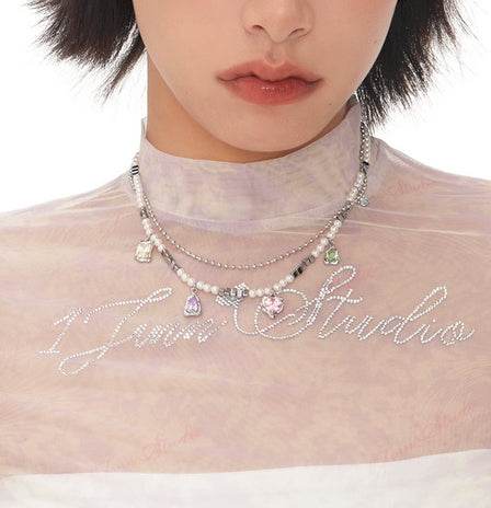 Rainbow zircon sweet cool pearl collarbone chain pearl necklace for women - MOWTE