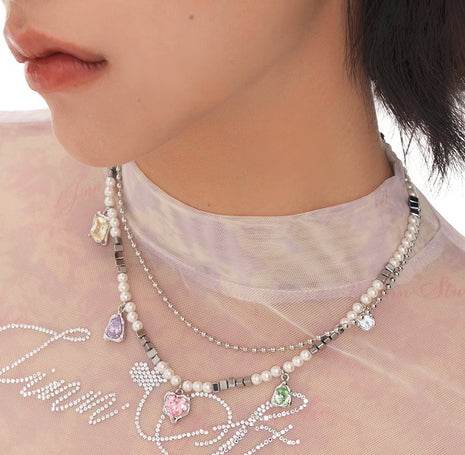 Rainbow zircon sweet cool pearl collarbone chain pearl necklace for women - MOWTE