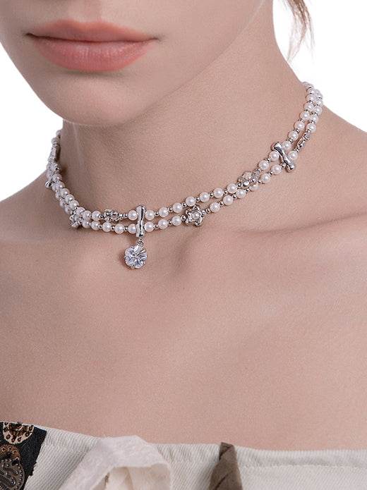 Secret Garden Pearl Bead Necklace Double layer Neck Chain - MOWTE