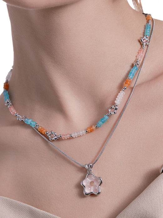 Sweet bead flower necklace double layered cute necklace - MOWTE