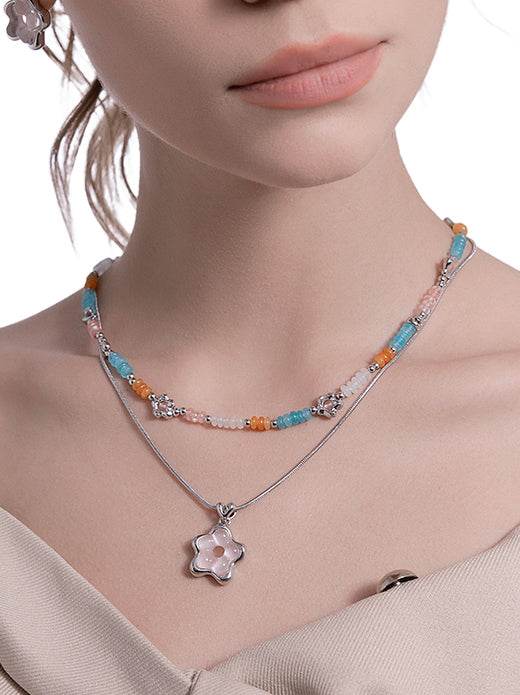 Sweet bead flower necklace double layered cute necklace - MOWTE