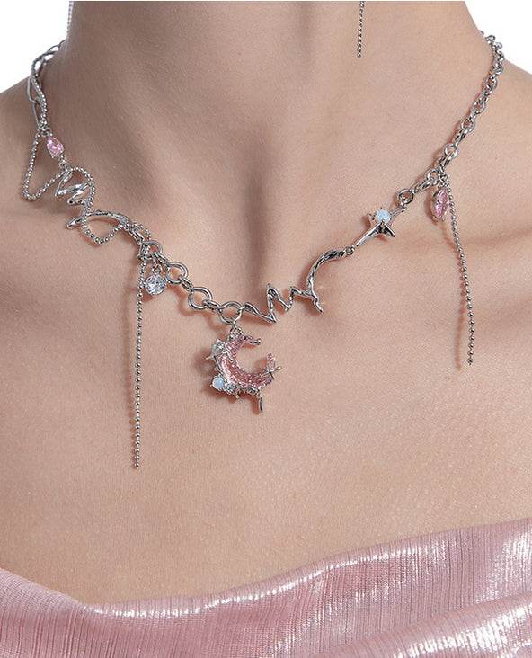 Romantic pink sweet cool necklace with tassel and sweet moon necklace - MOWTE