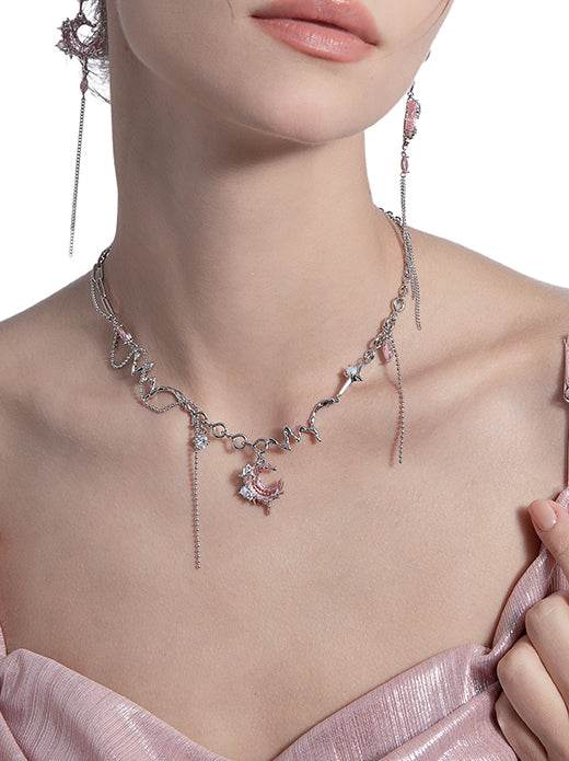 Romantic pink sweet cool necklace with tassel and sweet moon necklace - MOWTE