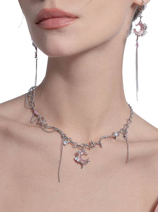 Romantic pink sweet cool necklace with tassel and sweet moon necklace - MOWTE