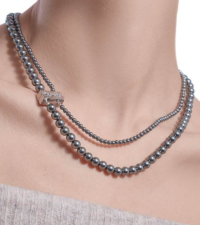 Original design High gloss round silver gray double-layer pearl necklace sweater chain - MOWTE