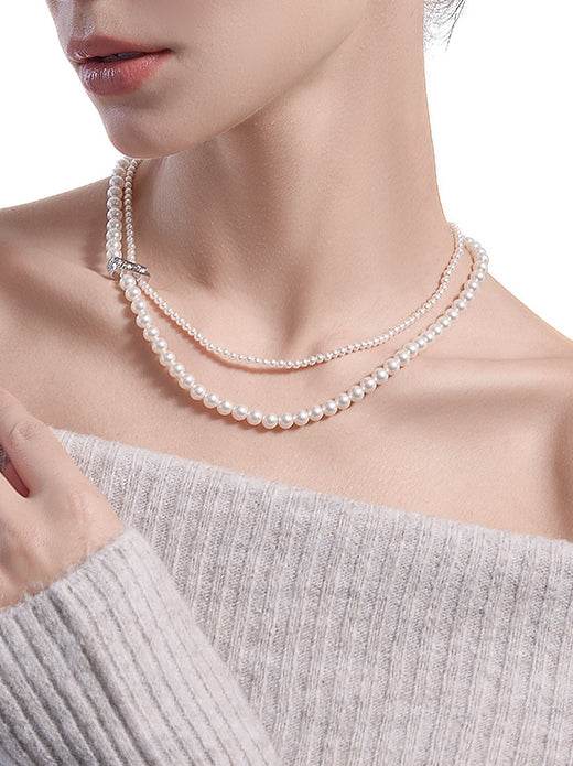 Original design High gloss round silver gray double-layer pearl necklace sweater chain - MOWTE