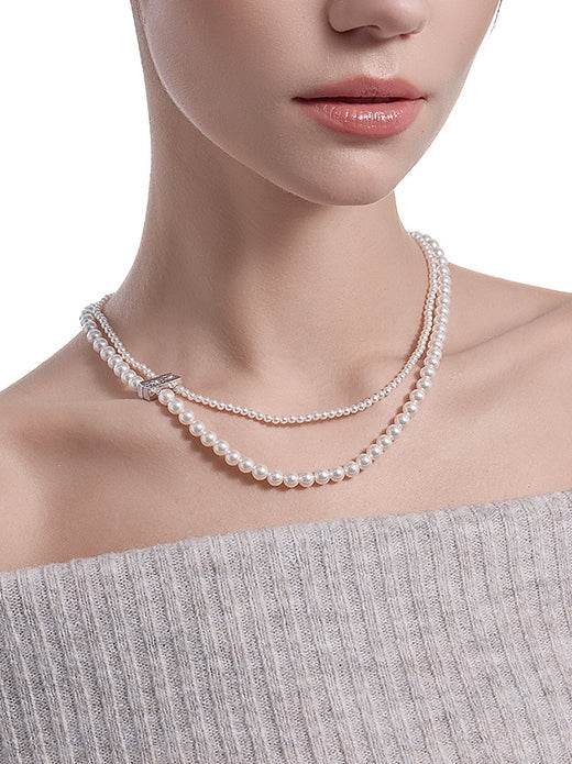 Original design High gloss round silver gray double-layer pearl necklace sweater chain - MOWTE