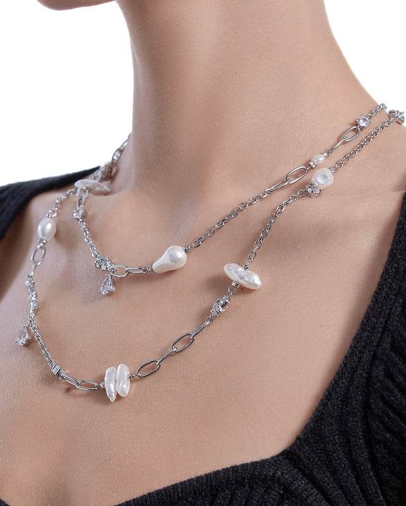 Retro Baroque Pearl Necklace Double layered High end Sweater Chain for Women - MOWTE