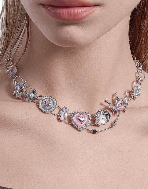 Retro pink heart-shaped sweet cool butterfly necklace - MOWTE