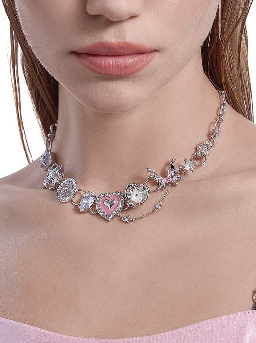Retro pink heart-shaped sweet cool butterfly necklace - MOWTE