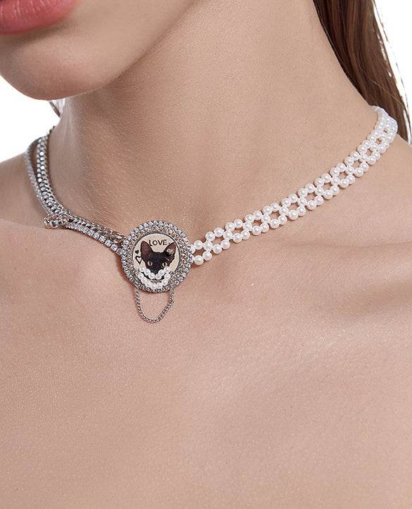 Original Design French Retro Diamond Inlaid Cat Necklace Splicing Chain Pearl Clavicle Chain - MOWTE