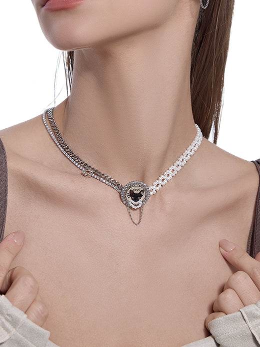 Original Design French Retro Diamond Inlaid Cat Necklace Splicing Chain Pearl Clavicle Chain - MOWTE