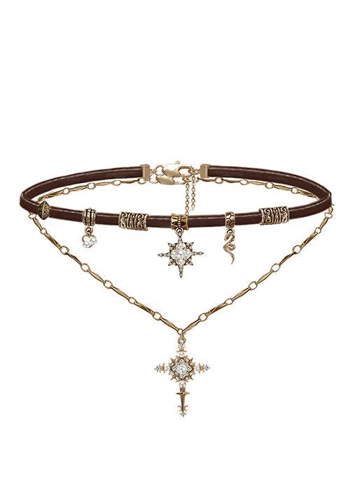 Sweet Cool Starry Cross Necklace Melard Leather Neck Chain Sweater Chain - MOWTE