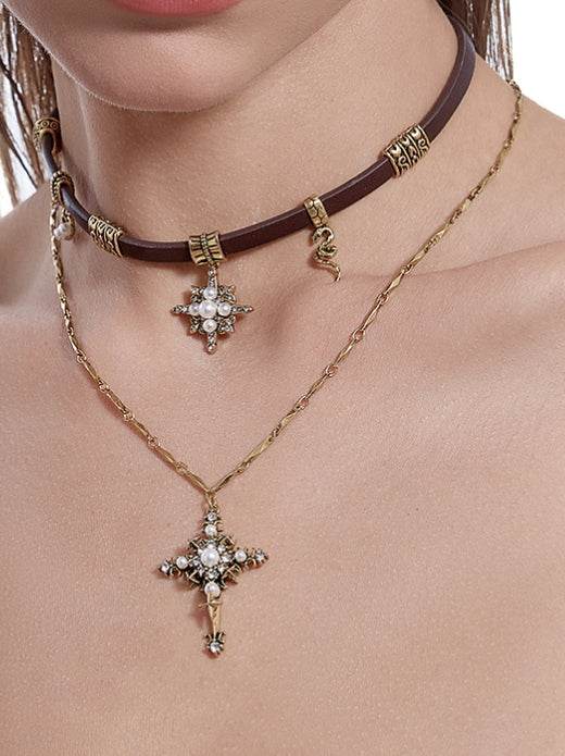 Sweet Cool Starry Cross Necklace Melard Leather Neck Chain Sweater Chain - MOWTE