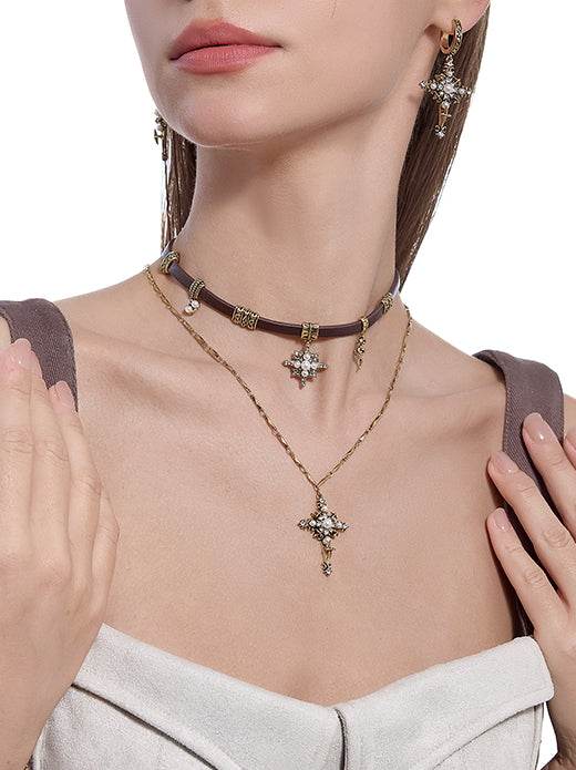 Sweet Cool Starry Cross Necklace Melard Leather Neck Chain Sweater Chain - MOWTE