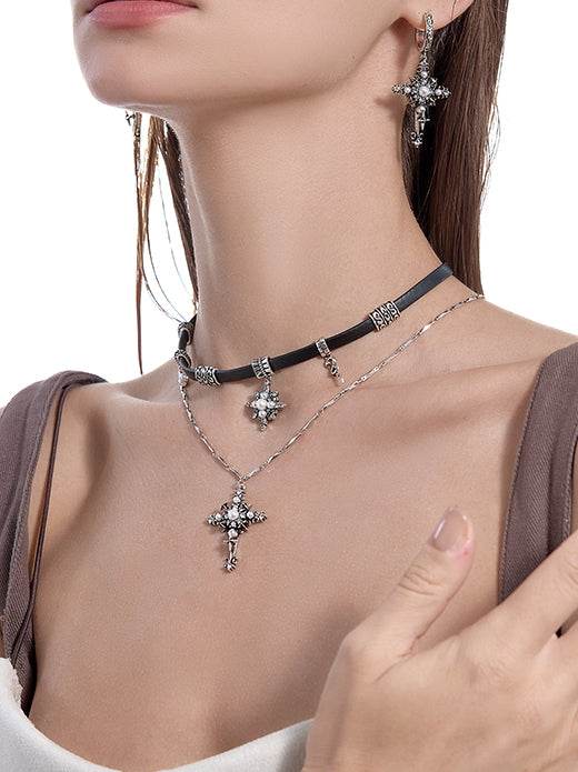 Sweet Cool Starry Cross Necklace Melard Leather Neck Chain Sweater Chain - MOWTE