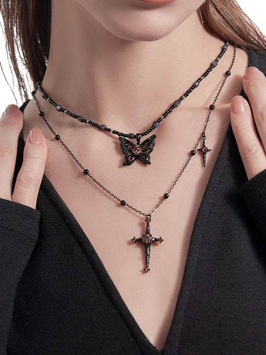 Sweet and cool brown butterfly necklace starry layered sweater chain - MOWTE