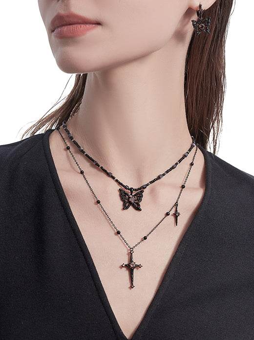 Sweet and cool brown butterfly necklace starry layered sweater chain - MOWTE