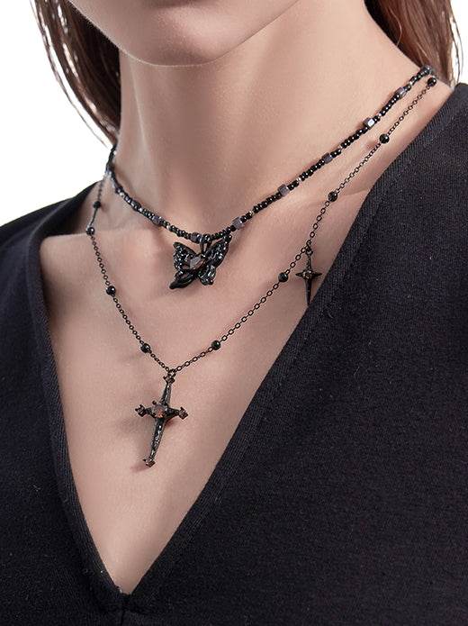 Sweet and cool brown butterfly necklace starry layered sweater chain - MOWTE