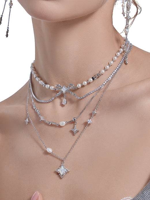 Stars attract each other white shell luxury pearl necklace multi-layer stacked collarbone chain - MOWTE
