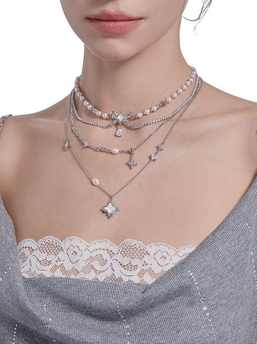 Stars attract each other white shell luxury pearl necklace multi-layer stacked collarbone chain - MOWTE