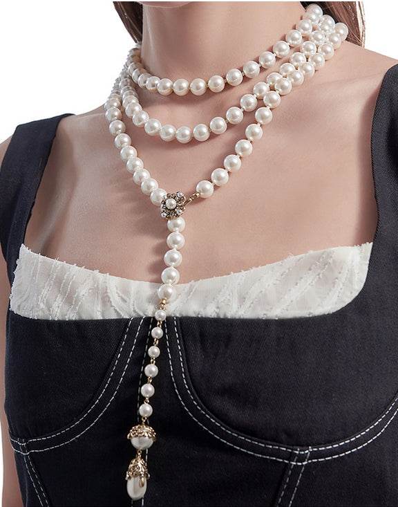 Multi purpose ultra long light luxury pearl necklace for women multiple layered sweater chain - MOWTE