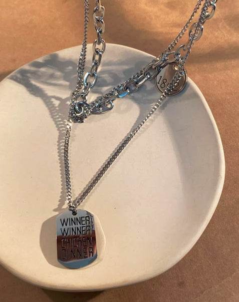 Sterling silver necklace popular hip-hop collarbone chain letter square plate double-layer stacking - MOWTE