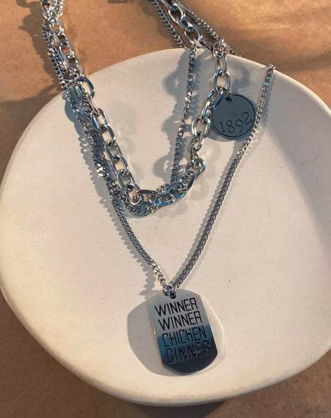 Sterling silver necklace popular hip-hop collarbone chain letter square plate double-layer stacking - MOWTE