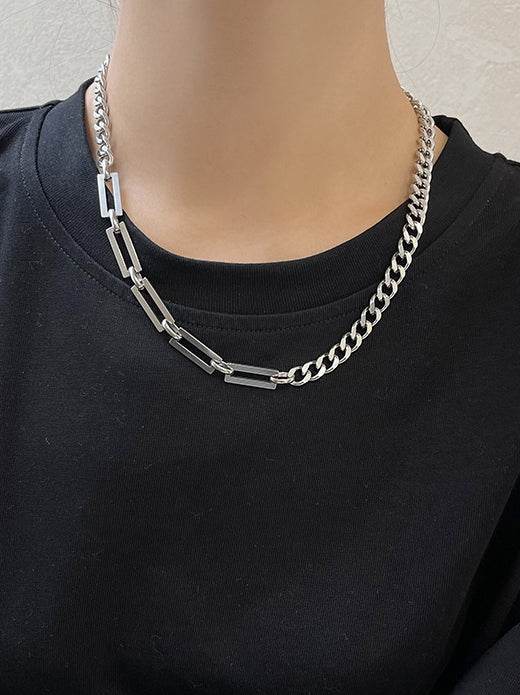 Pure silver necklace popular Cuban collarbone chain trendy hip-hop sweatshirt chain versatile accessory - MOWTE