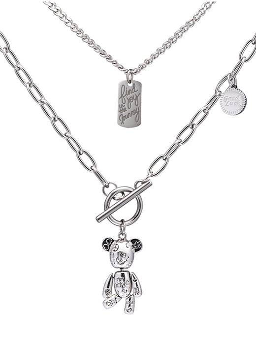 Pure silver necklace neutral new style popular hip-hop sweater chain teddy bear double-layer sweatshirt chain versatile trendy - MOWTE
