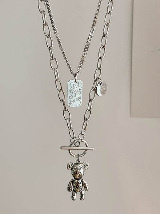 Pure silver necklace neutral new style popular hip-hop sweater chain teddy bear double-layer sweatshirt chain versatile trendy - MOWTE