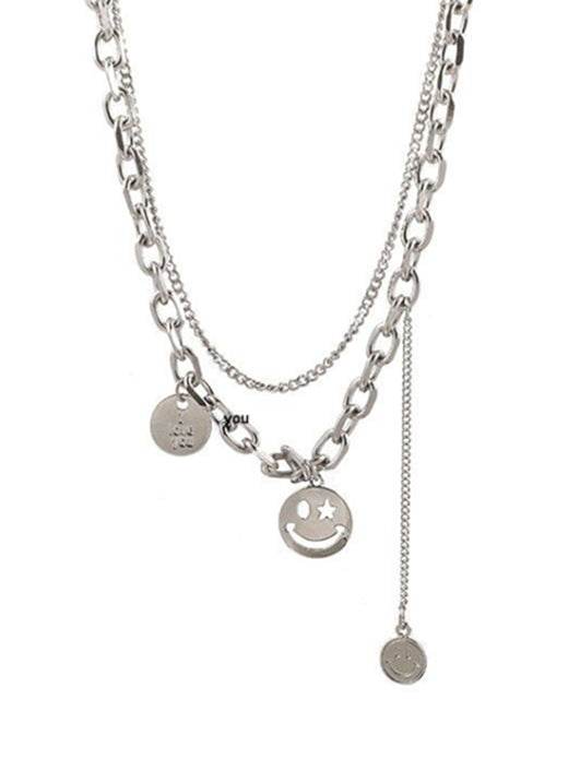 Neutral sterling silver necklace design double layered smiley face sweater chain - MOWTE