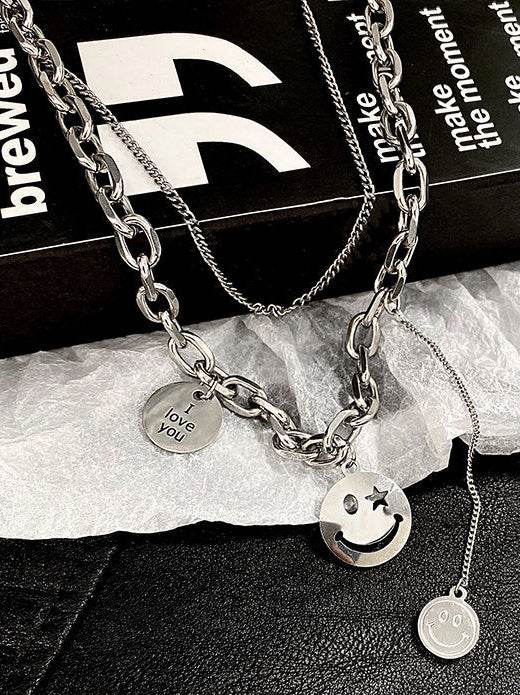 Neutral sterling silver necklace design double layered smiley face sweater chain - MOWTE
