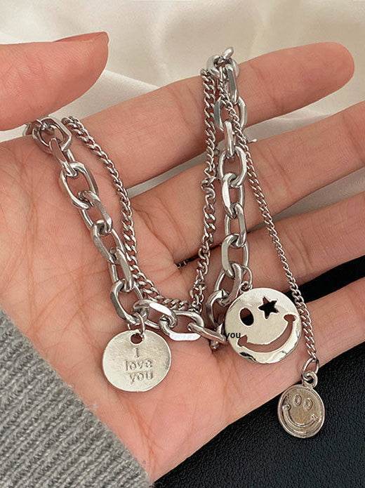 Neutral sterling silver necklace design double layered smiley face sweater chain - MOWTE