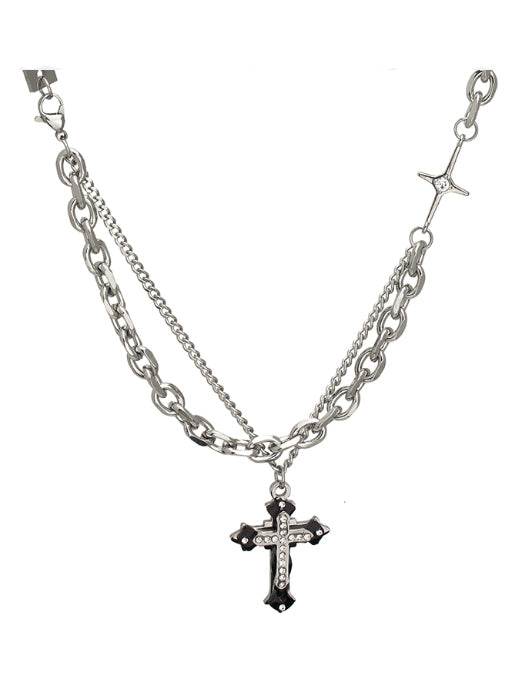 Pure silver cross necklace double-layer spliced zircon hip-hop sweater chain sweatshirt chain - MOWTE