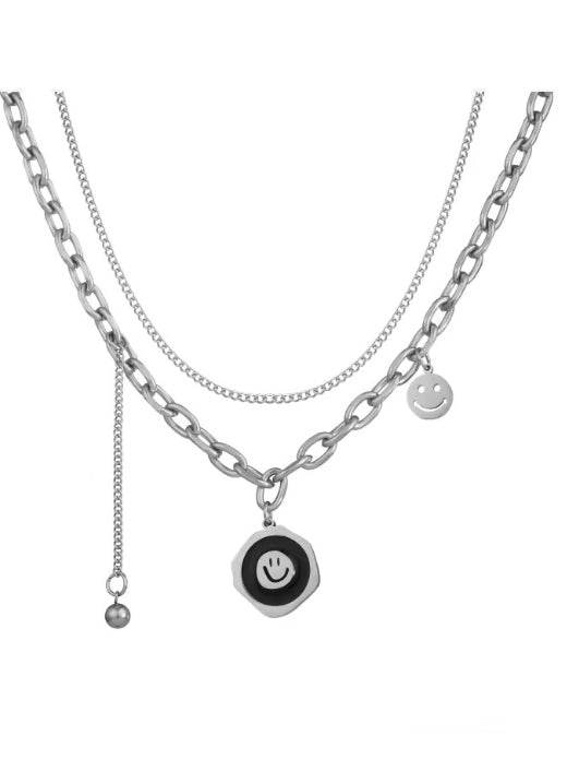 Pure silver smiley face hip-hop fashion exquisite double-layer layered sweater sweatshirt chain - MOWTE