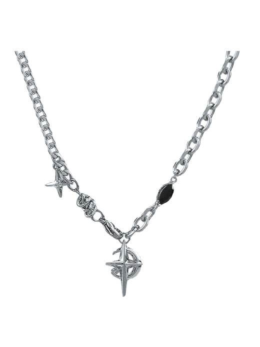 Pure silver necklace black gemstone star hip-hop street sweater chain - MOWTE