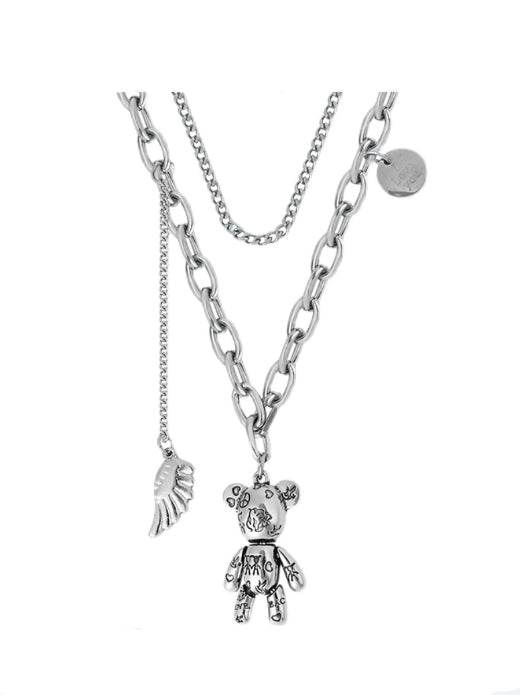 Pure silver teddy bear necklace hip-hop double-layer layered sweater chain - MOWTE