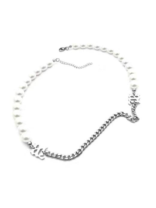 Pure silver letter splicing pearl necklace cool style collarbone chain versatile Baroque accessories - MOWTE