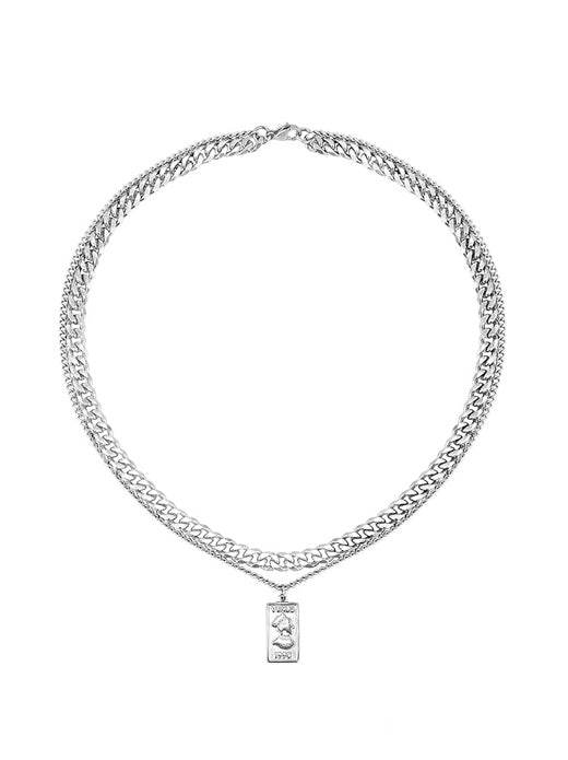 Pure silver double-layer square necklace with Cuban chain personalized pendant - MOWTE