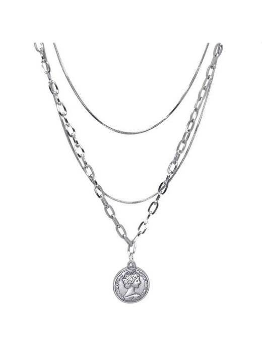 Pure silver multi-layer retro round brand necklace simple collarbone sweater chain trendy hip-hop personality pendant - MOWTE