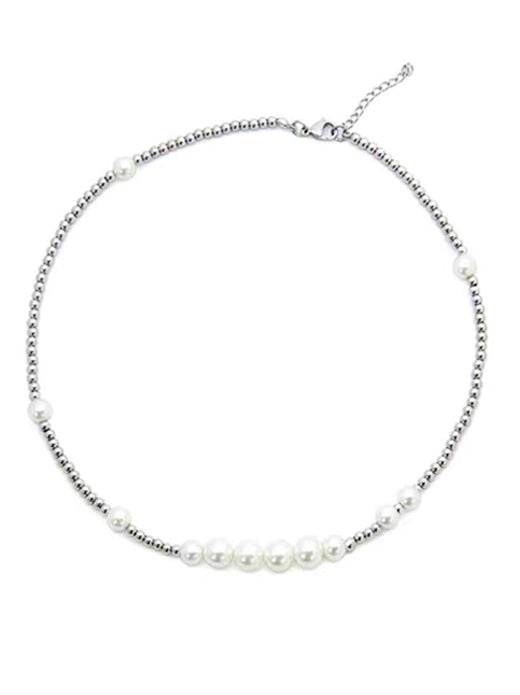 Pure silver round bead patchwork pearl necklace cool style hip-hop versatile personalized accessory - MOWTE