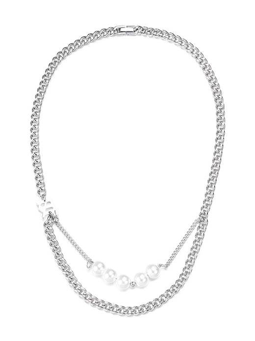 Pure silver double-layer pearl layered necklace hip-hop personalized design letter pendant - MOWTE