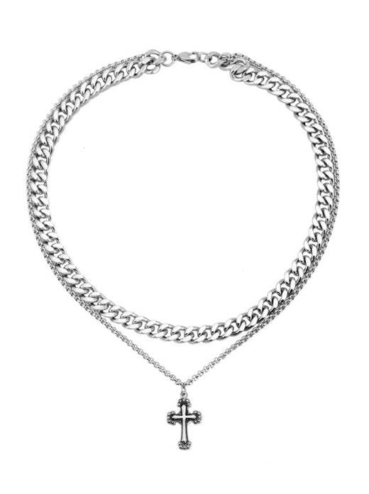 Pure silver double-layer cross Cuban necklace dark style trend hip-hop personality pendant - MOWTE
