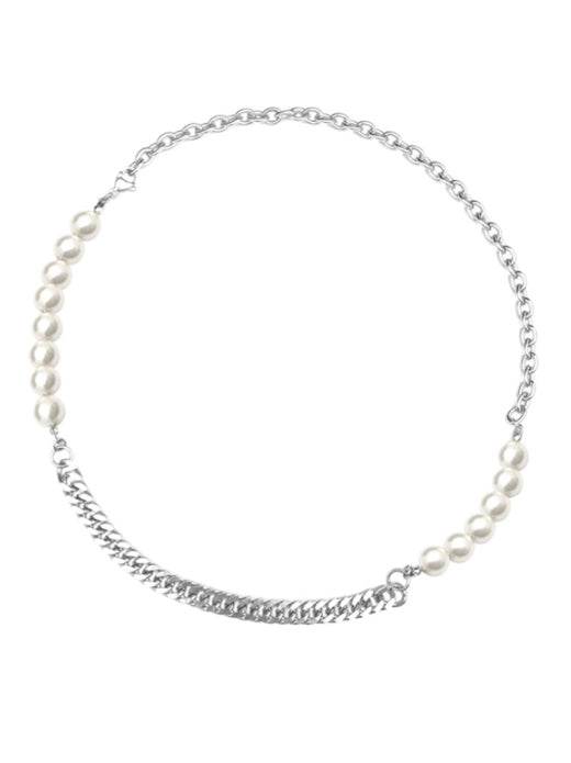 Pure silver patchwork Cuban chain necklace cool pearl hip-hop street personality accessory - MOWTE