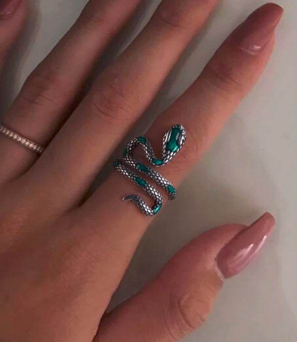 Green Snake Silver Ring - MOWTE