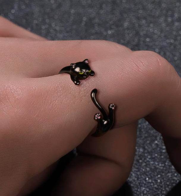 Sterling silver ring cute little black cat silver jewelry temperament open silver ring original design - MOWTE